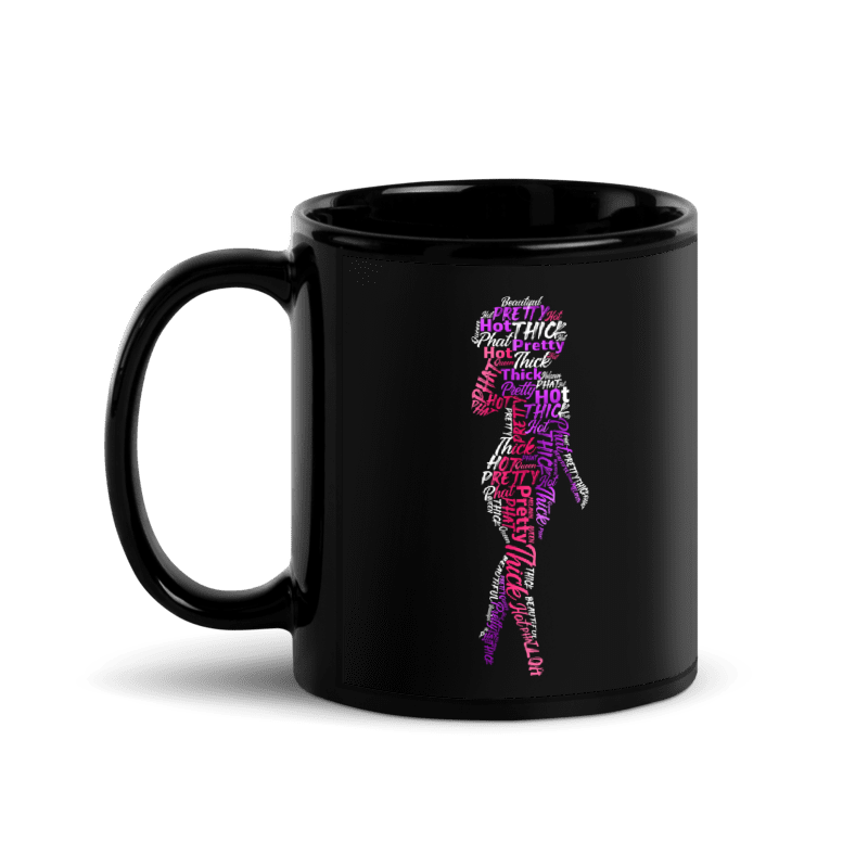 11oz Black Mug with a print of Afro Silhouette of Pink & Purple design on it on a white background.