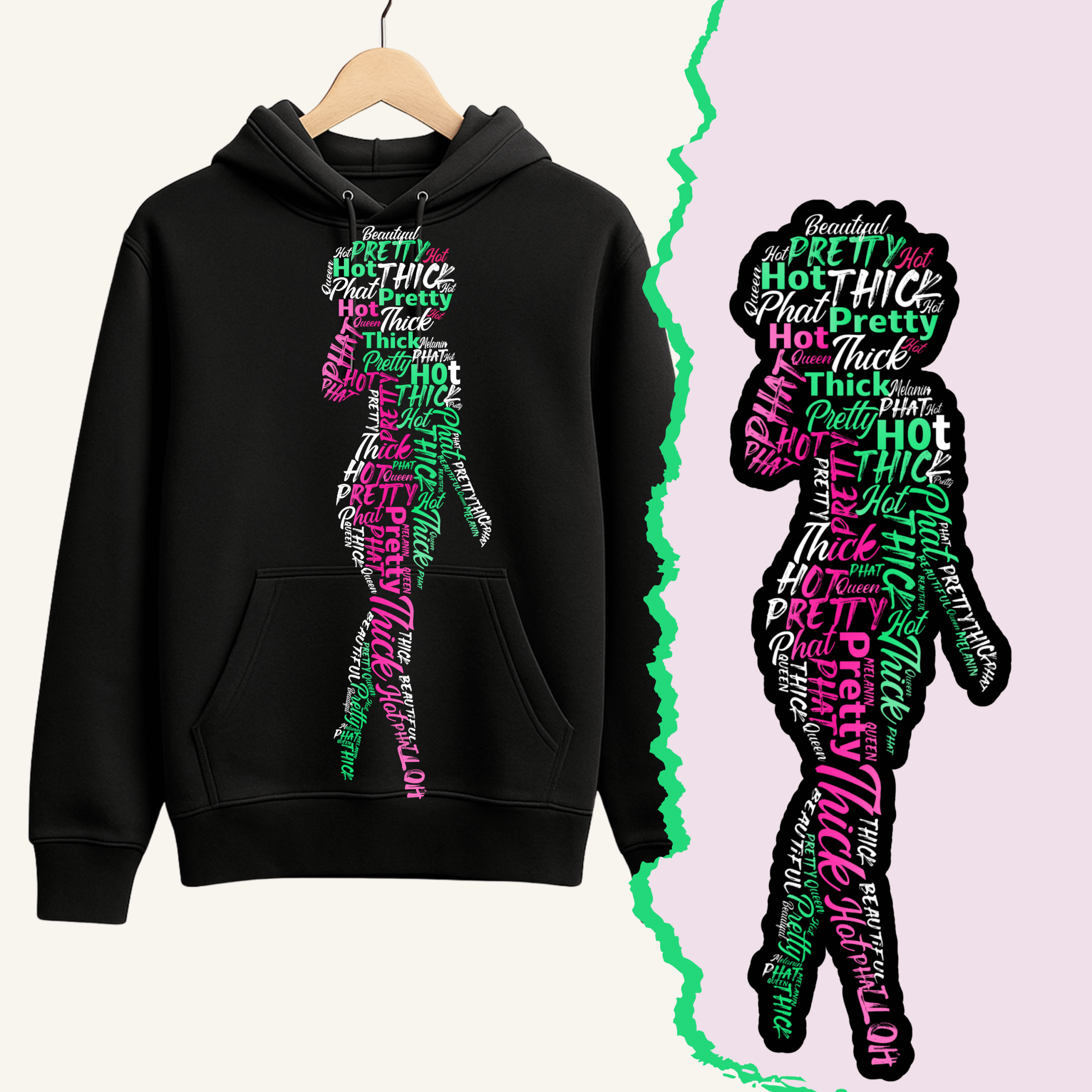 Hung black comfy hoodie with our Pink & Green Afro Queen Silhouette design boldly on it and by it side is the Afro Queen Silhouette in all it's glory