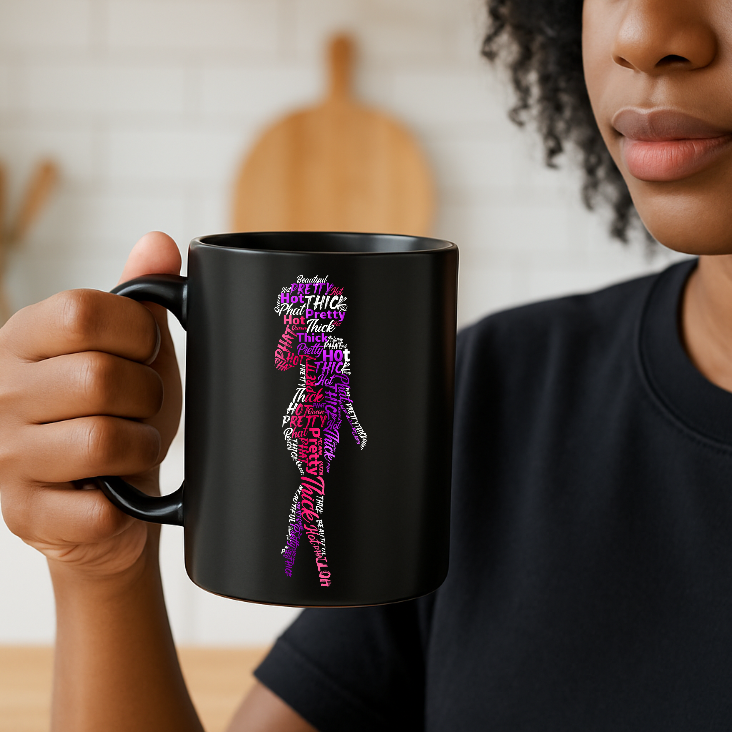 Black Mug with Pink and Purple Silhouette of Curvy Afro Woman