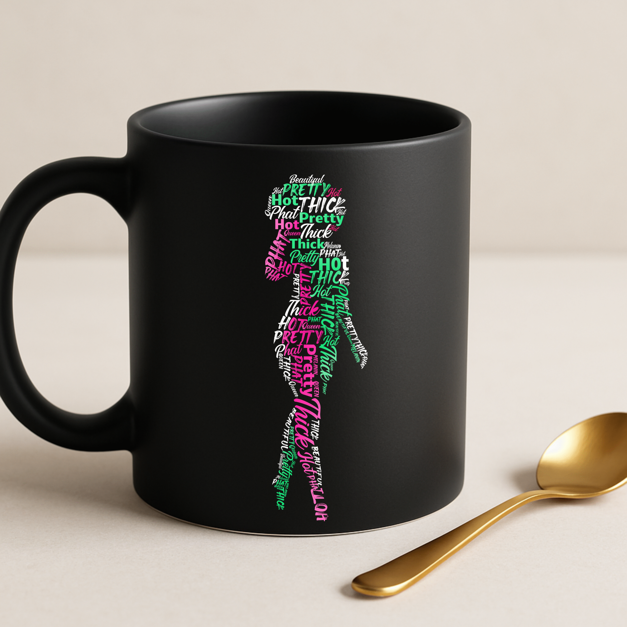 Black Mug with Afro Curvy Queen silhouette in pink and green text design