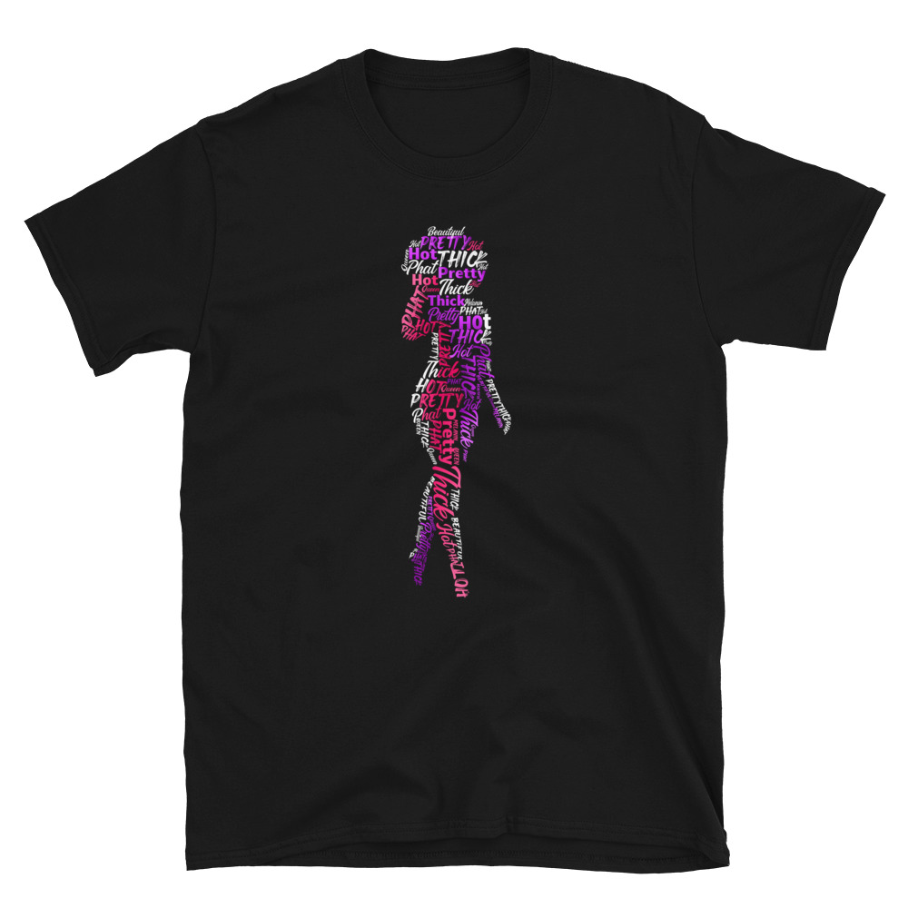 Printful mockup – accurate Afro Queen Silhouette Pink and Purple design print placement on black tee