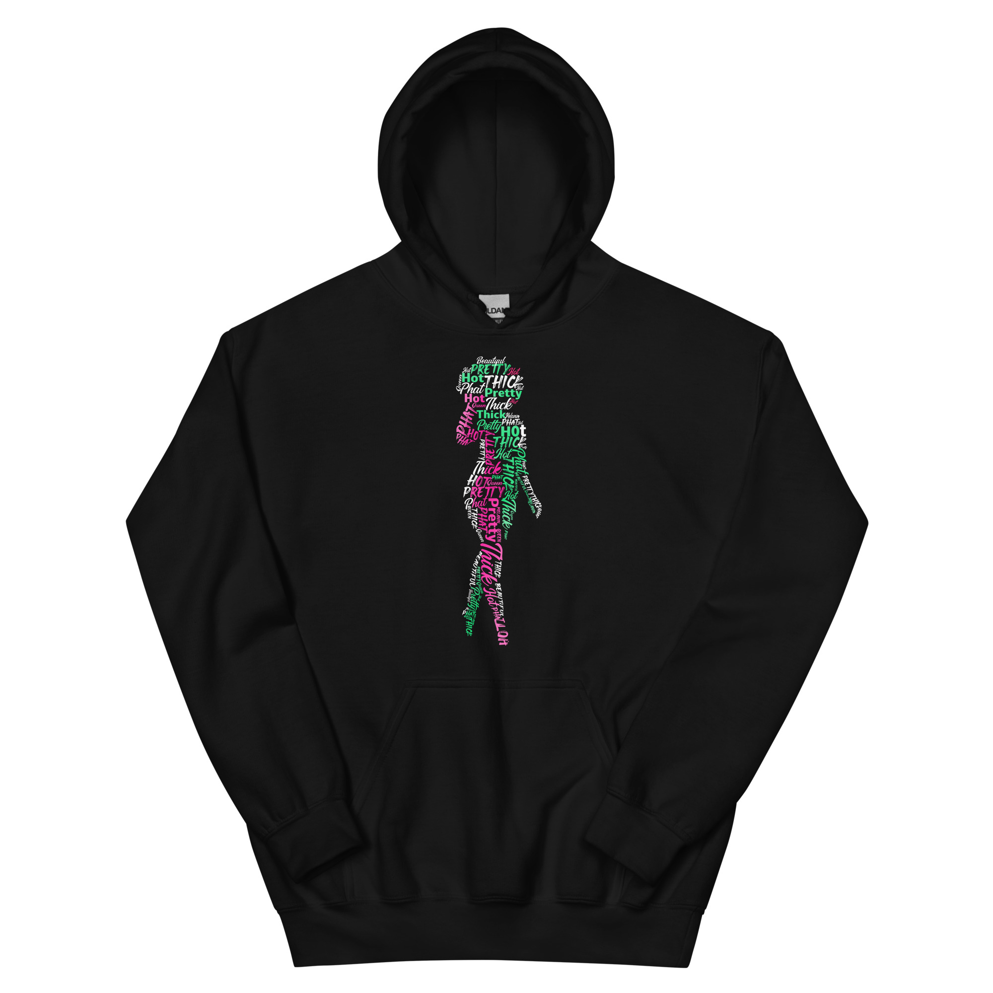 Black hoodie on ghost mannequin with our Afro Queen Silhouette printed on it - Front view.