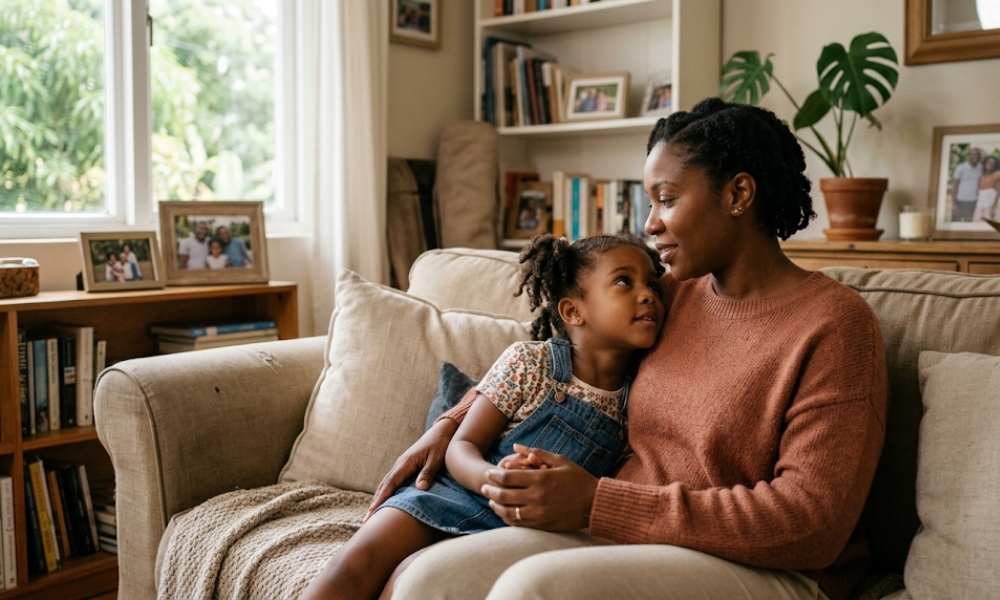 Caribbean parent calmly talking with their child while breaking old parenting habits at home