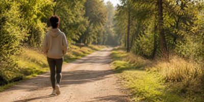 Person walking alone on a sunlit path, symbolizing reflection, progress, and support-seeking.