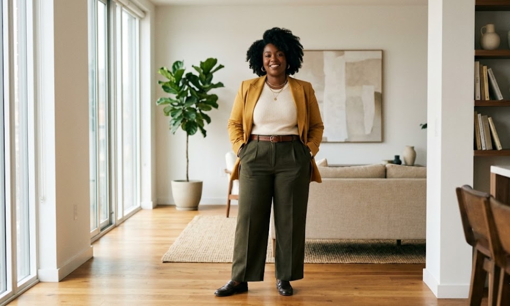 Confident plus-size Black woman standing proudly in a stylish editorial setting, representing loving your thick body with self-respect.