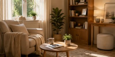 A calm, comfortable room bathed in soft light, representing a safe and emotionally supportive space.