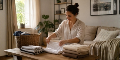 Woman calmly folding laundry in a peaceful home environment showing everyday emotional stability