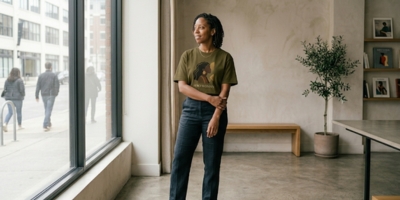 Black woman wearing casual Afro Woman-inspired clothing with confidence and pride