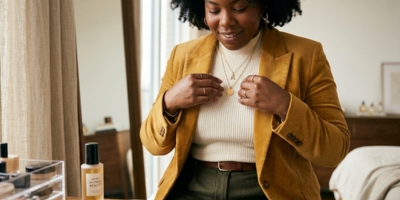 Fashion and beauty detail showing a curvy Black woman styling clothes and accessories with pride and self-acceptance.