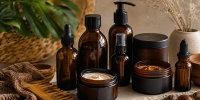 Premium beauty products arranged for textured hair and melanated skin.