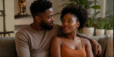 Black couple in a quiet, intimate moment together, celebrating natural features and authentic connection