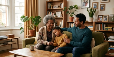 Black parent, child and grandparent sharing a calm moment of connection across generations