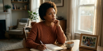 Black parent writing in a journal while reflecting on parenting patterns and emotional repair