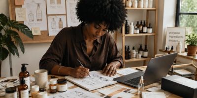 Black woman founder working on beauty branding and product packaging