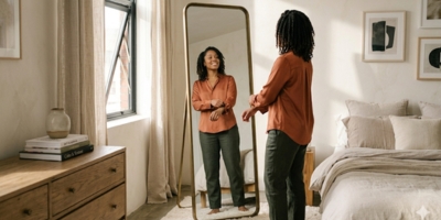 Black woman adjusting her outfit in a mirror with confidence and self-acceptance