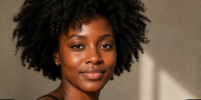 Close-up of a Black woman with natural features, minimal styling, showcasing dignity, warmth, and confident Black beauty