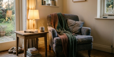 Calm home corner with a chair and book, suggesting a steady routine for managing anxiety