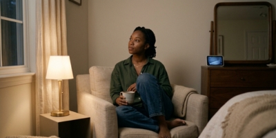 Mother sitting quietly at home in a peaceful moment of reflection after a long day Motherhood vs. Sexual Identity.