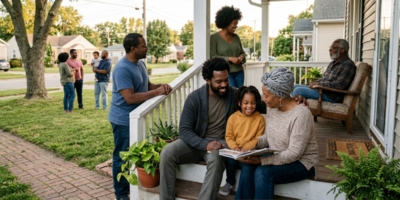 Black parent, child, and supportive relatives together, showing community-rooted care and ancestral parenting wisdom.