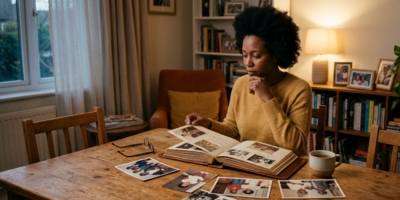 Parent looking through old family photos while reflecting on childhood and family parenting patterns