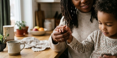 Black parent gently holding a child’s hand during a calm moment of connection