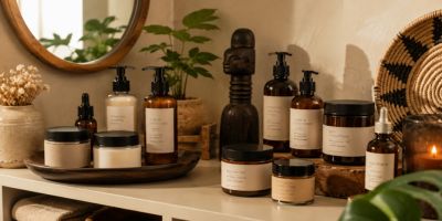 Tasteful shelf display of inclusive beauty products for Black women.