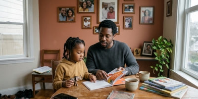 Black parent and child sharing an everyday home routine with family photos and meaningful objects nearby.