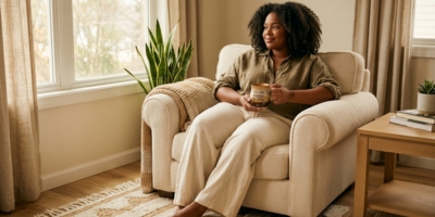 A medium shot of a serene, fuller-bodied Black woman in cozy clothing, seated in a natural, light-filled room and holding an affirmation mug.
