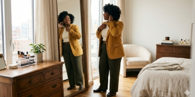 Fuller-bodied Black woman smiling at herself in the mirror while enjoying her outfit with confidence.