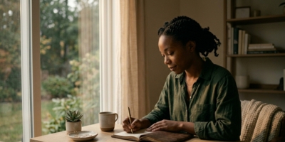 Mother journaling in a quiet moment of self-reflection and emotional clarity.