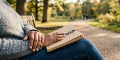 A peaceful close-up photograph focusing on the hands of a fuller-bodied Black woman resting on her thigh, set against a softly blurred park background.