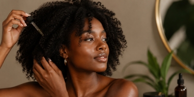 Close-up of Black woman’s textured hair and natural features, celebrating authentic beauty and self-care