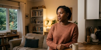 Black parent pausing at home after a difficult parenting moment and reflecting on old patterns