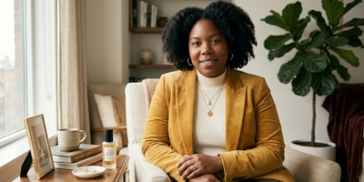 Relaxed portrait of a plus-size Black woman smiling naturally, expressing body acceptance and inner confidence.