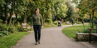 Woman taking a quiet walk in a park, representing steady progress while recovering from anxiety
