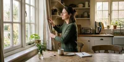 Woman opening curtains in the morning as a small step in anxiety recovery