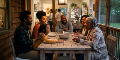 Black family gathered around a table as a child listens and feels included in a supportive parenting environment.
