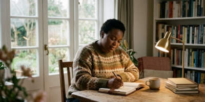A soft photograph showing a thoughtful fuller-bodied Black woman writing in a journal at a natural wood desk near a sunlit window.
