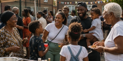 Black family enjoying a welcoming community gathering that celebrates connection and belonging