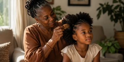 Older Black woman gently caring for a young girl’s natural hair in a supportive home setting.