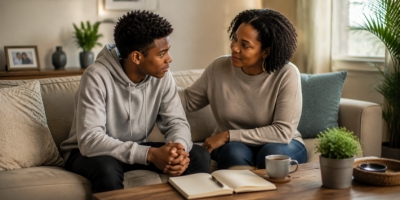 Black parent and teenager reflecting together beside a journal in a peaceful home setting.