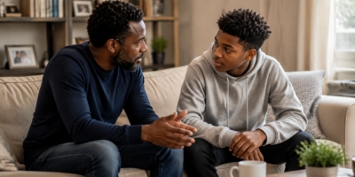 Black parent and teenager having a calm and supportive conversation at home.