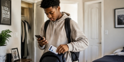 Black teenager checking their phone, ID and travel card before leaving home.