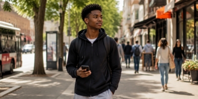 Black teenager walking confidently through an ordinary public space during the day.