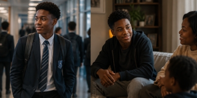 Black teenager confidently moving between school and home while maintaining a strong sense of identity