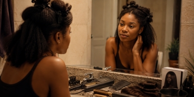 Black woman thoughtfully looking into a bathroom mirror with hair-straightening tools nearby.