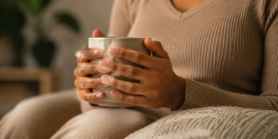 Woman practicing grounding techniques while sitting on the edge of a sofa with her feet on the floor to manage anxiety