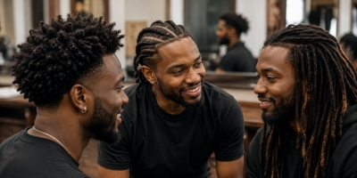 Close-up of healthy natural coils and locs worn by Black men as everyday personal style.