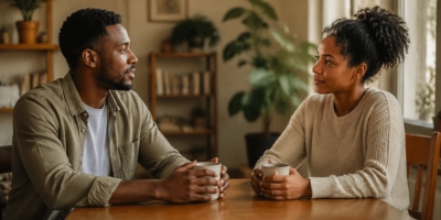 Two people having a calm conversation with open body language while rebuilding trust and emotional connection
