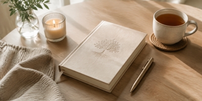 Personal journal placed in a peaceful setting to support emotional reflection and healing